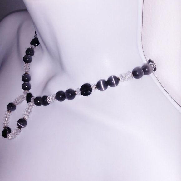 Handmad Charcoal Agate Beaded Necklace With Clear Beads Hand Crafted 17 inches - Picture 7 of 11